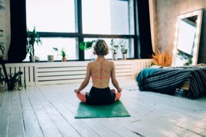 wellbeing female enjoying free time for meditation for training soul harmony
